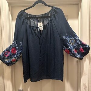 NYC Navy Blue Floral Embroidered Blouse